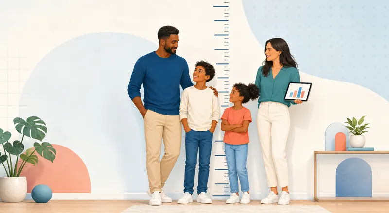 A family standing beside a height measurement scale while reviewing a simple growth chart